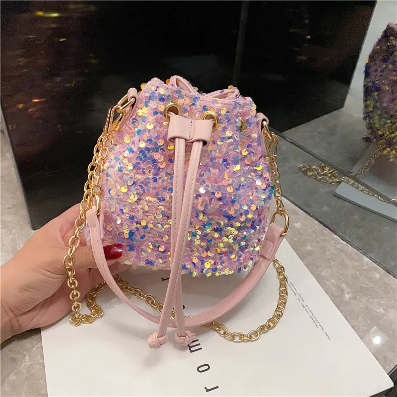 

Fashion Bucket Bag Woman 2023 Trend Sequins Top Handle Bags Leather Chain Luxury Designer Lady Shoulder Women's Small Handbag