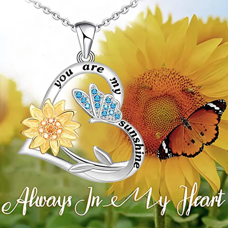 

Heart Shaped Sunflower Blue Butterfly Necklace Mother Daughter Flower Trend Pendant for Ladies Girls Pendant Accessories