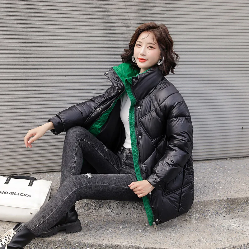 Cotton Jackets for Fashion Ladies Autumn Winter Stand Collar Loose Chic Coat Solid Color Patchwork Button Parka Zipper Parka