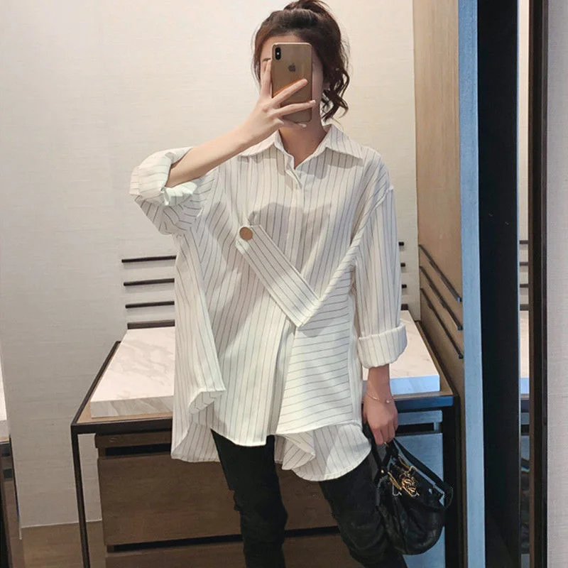 

Women's Striped Shirts Women's Spring And Autumn 2022 New Loose Mid-Length Irregular Western Style Shirts Women's Tops