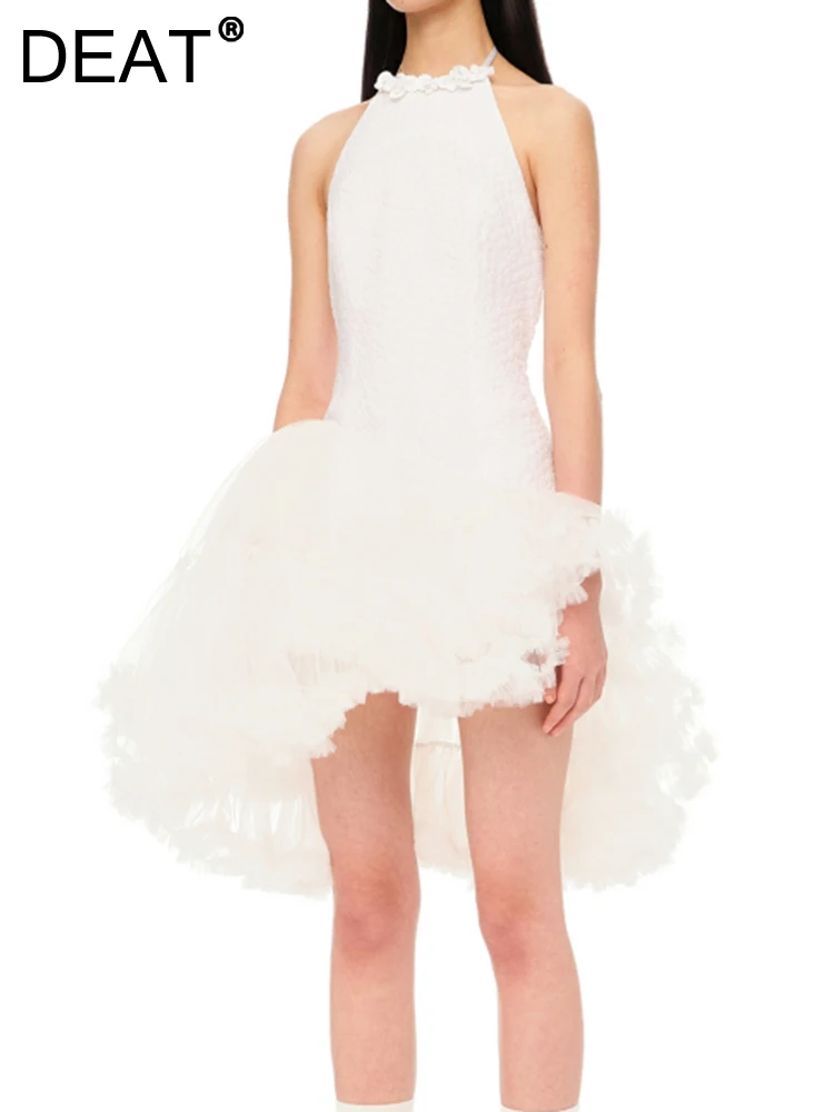 

DEAT Fashion Women's Ball Gown Sleeveless Lace-up Backless Spliced Mesh Irregular Slim Lady Dresses Summer 2023 New Tide 17A9871