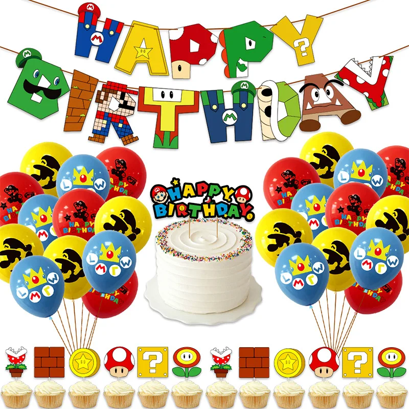 

Super Mario Theme Party Supplies Set Banner Flag Latex Balloon Cake Card Background Arrangement Kids Birthday X-mas Decoration