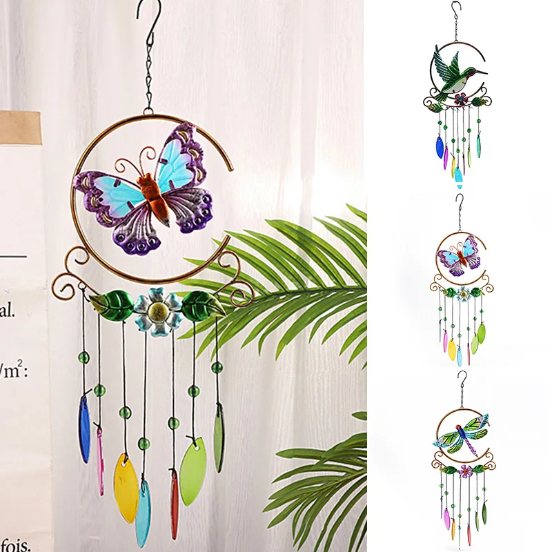 

New Hummingbird Mental Wind Chime Hanging Decor Creative Handicrafts 7-color Glass Pendant Windbell Happy Decoration For Home