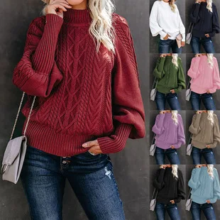 

Women's Sweater Half High Collar Lantern Sleeve Casual Sweaters 2022 Spring Autumn Solid Loose Pullover Top Streetwear Clothes