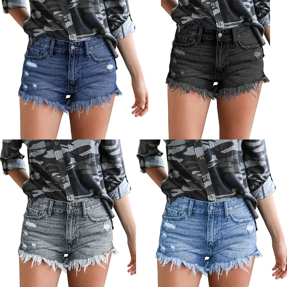 

Spring/Summer New Slit Fringe Foot Stock-Shorts Tassel Pockets High Waist Button Up Sexy Jean Women'S Bleached Denim Shorts