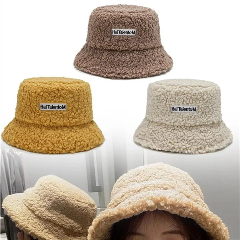 Winter Warm Plush Bucket Hat Women Girl Solid Color Fuzzy Fishmen Panama Caps For Lady Casual Outdoor Bucket Hats for Women