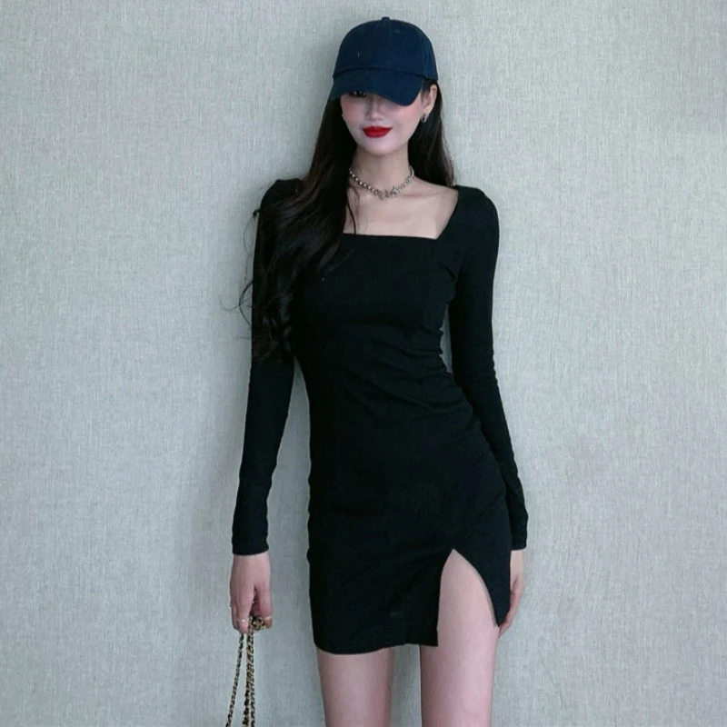 Spring Long Sleeve Knitted Split Black Mini Dress Women 2021 Sexy Black Bodycon Bottoming Dress Slim Simple Party Mini Dress