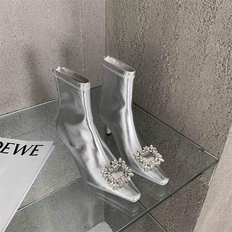 Fashion Women Ankle Boots Autumn Winter Stretch Shoes Rhinestone Crystal Buckle Thin Mid Heels Side Zipper High  Silver