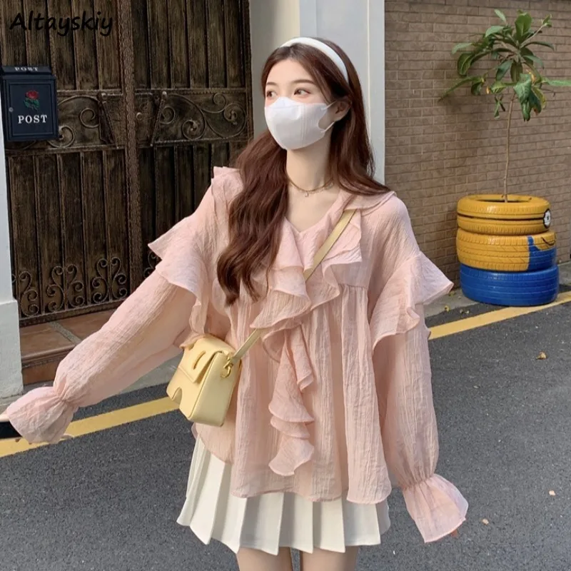 

Blouses Women Solid Summer Clothes Lovely Students All-match Streetwear Ulzzang Mujer Breathable Simple Elegant Popular Daily