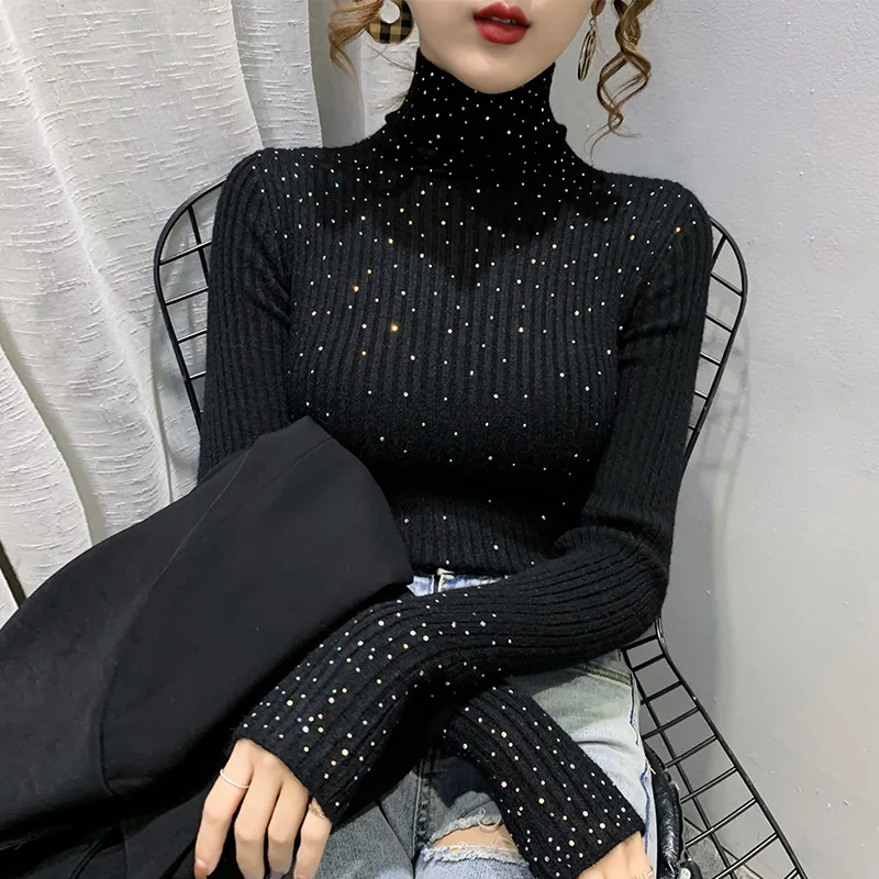 

Hot diamond thickened two WOOL pile collar diamond inlaid sweater women's knitted bottomed shirt with autumn and winter foreign