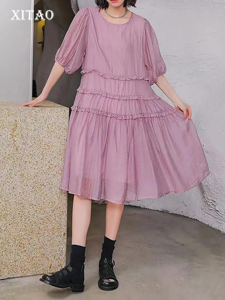 

XITAO Casual Folds Dress Loose Fashion Edible Tree Fungus Splicing Women Simplicity Solid Color Temperament Dress WLD16795