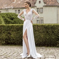 luxury a line chiffon wedding long sleeve lace applique french gowns v neck high waist sexy high split vestidos de novia