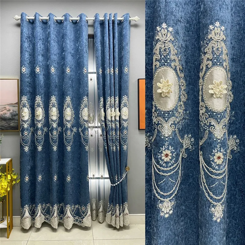 

European Luxury Embroidery Embossed Curtain High-end Thickened Chenille Blackout Drapes Curtains for Living Room Bedroom