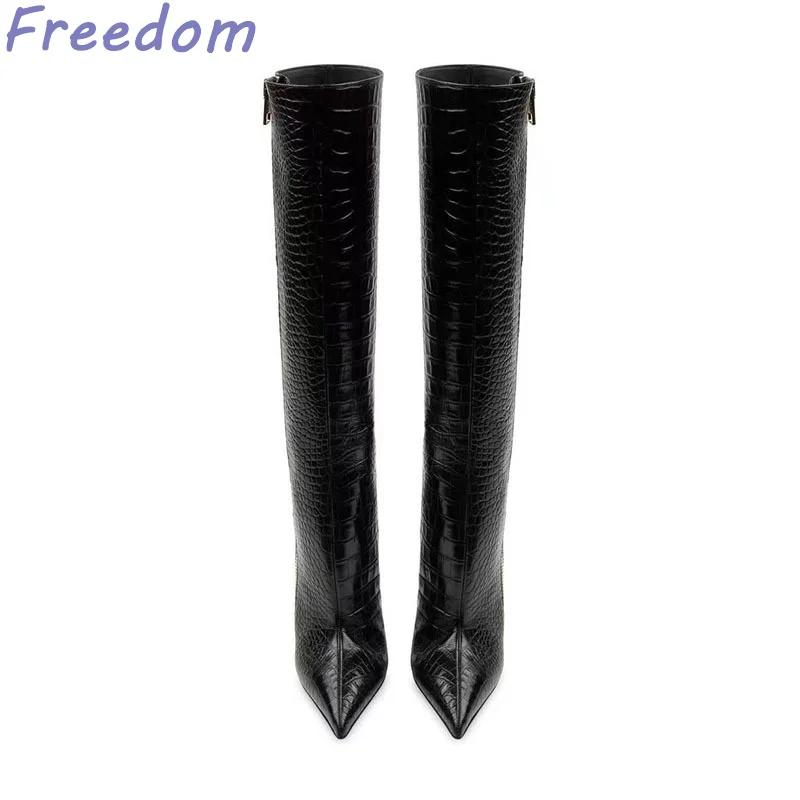 Черные сапоги до бедра из воловьей кожи с острым носком конический каблук