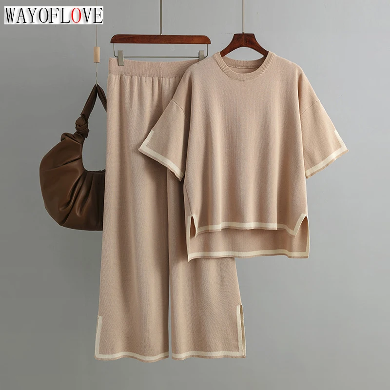 

WAYOFLOVE Spring Autumn Knitted Sweater Women Two Pieces Sets O-Neck Loose Pullovers Sweater Tops & Wide-Leg Pants Knitwear Suit