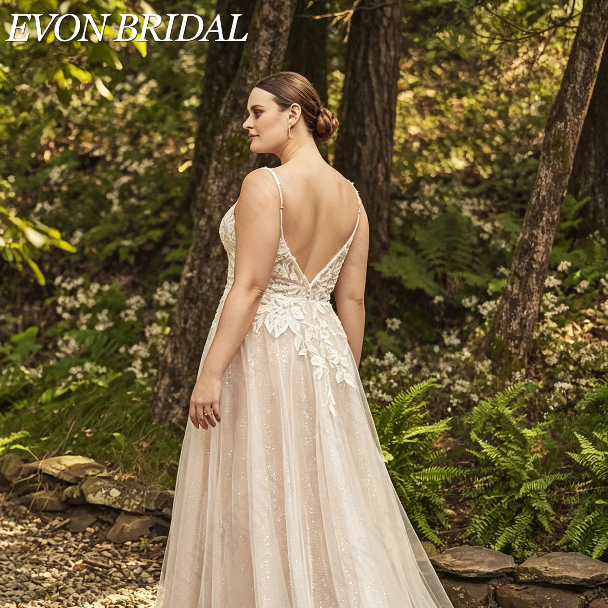 Фото EVON BRIDAL Свадебное платье на тонких бретелях с аппликациями для пышных женщин глубокое V вырез А-силуэт высокий разрез свадебное платье заказ элегантное подвенечное платье для невесты ручная вышивка индивидуальный №5