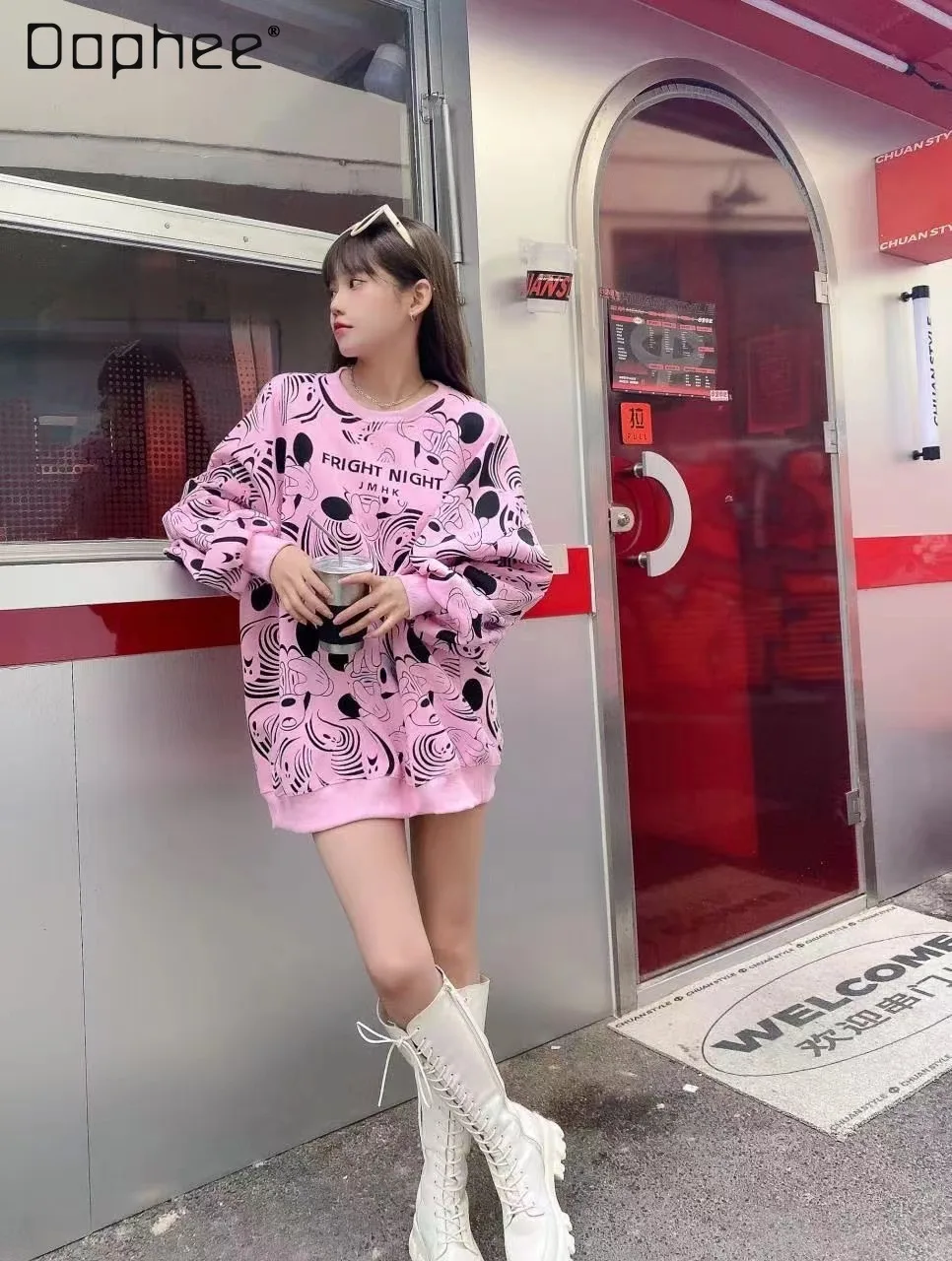 

Autumn New Long Sleeve Pullover Hoodie Women's Korean Casual Fashion Cartoon Full Printed Loose Round Neck Sweatshirts for Women