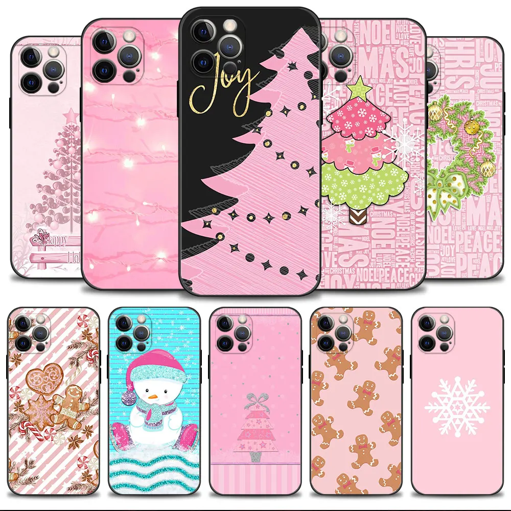 

Phone Shell For Apple iPhone 14 13 12 11 Pro Max 13 12 Mini XR X 7 8 6 6S Plus Case Celular Christmas Pink Dressing Tree Snowman