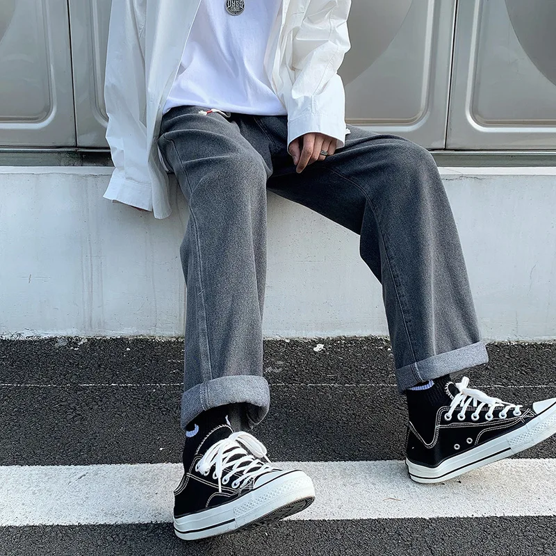Men Korean Streetwear Wide Legs Baggy Jeans Mens Autumn Harajuku Vintage Blue Denim Pants Male Casual Cargo Pants Baggy Jeans