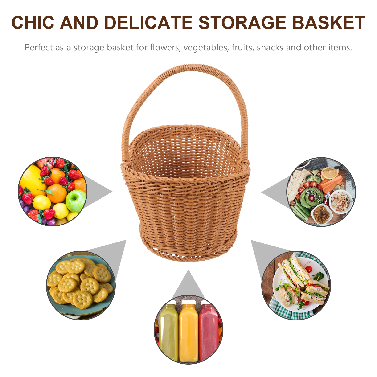 

Woven Basket Hand Travel Snack Container Wicker Handle Mixed Material Fruit Storage