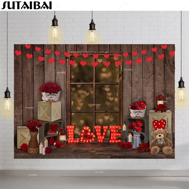 

Happy Valentine's Day Photography Backdrops Wood Wall Red Rose Background Heart Bear Window Bokeh Love Anniversary Couple Party