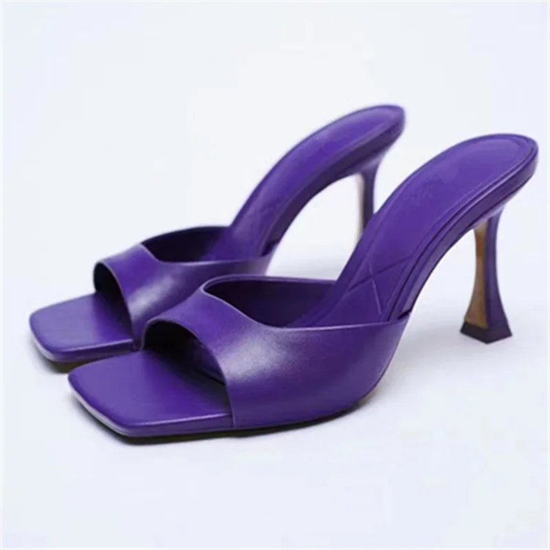 

2022 New Spring European and American Style Women's shoes Solid Color Leather Elegant High Heel Square Toe Slippers
