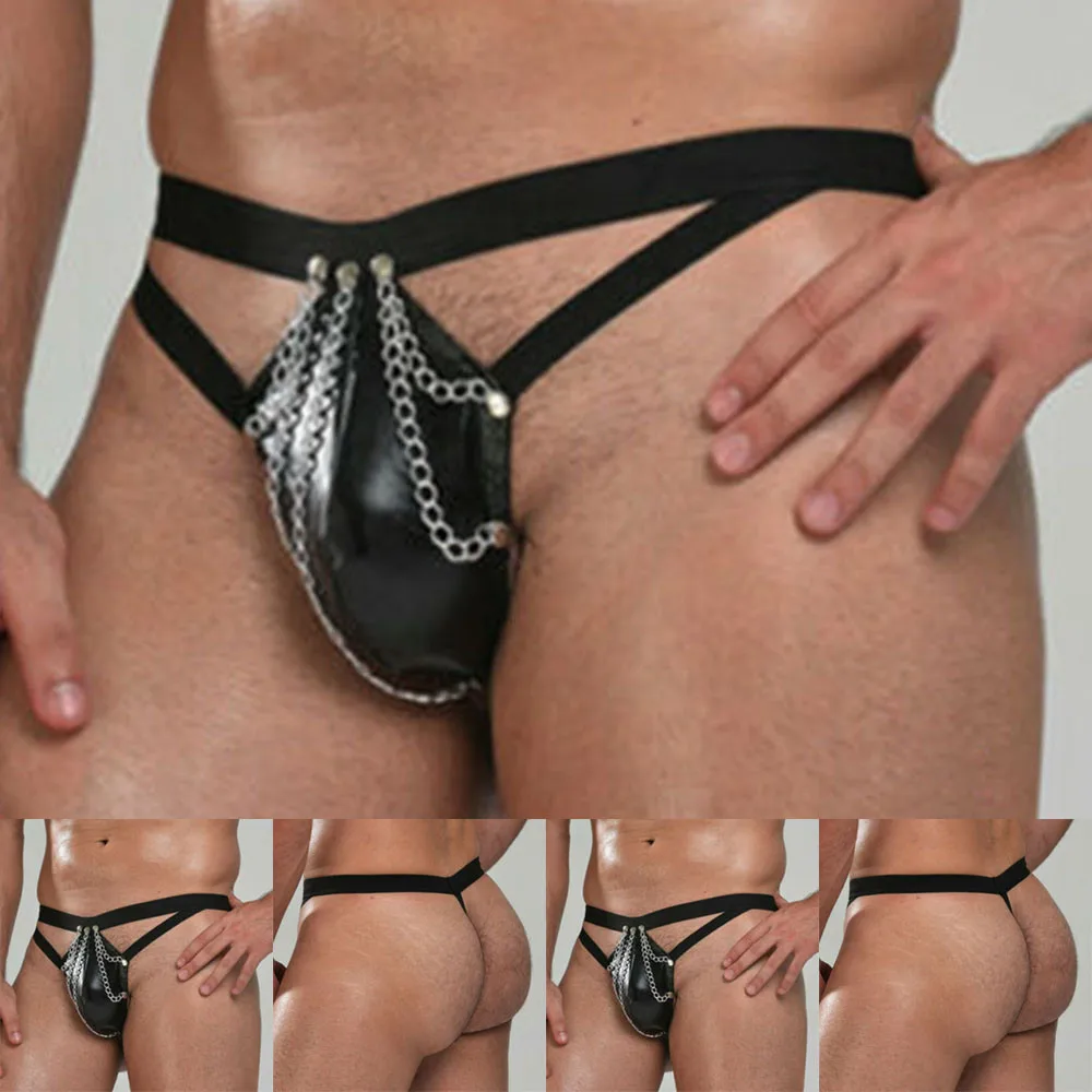 

Black Men Faux Leather Ring Thong Underwear Brief G-String Underpants Boxers Exotic Sexy Nightclub T-back Ventilation