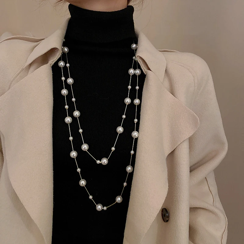

Long Pendants Layered Necklace Women High Quality Imitation Pearl Flower Collares Moda Party Autumn Winter Jewelry Gift Friend