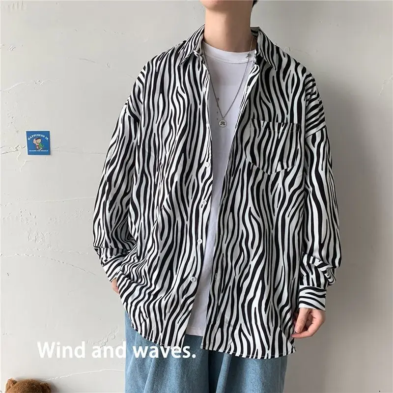 

Рубашка B392 мужская с длинным рукавом, блузка с принтом зебры, универсальная Повседневная Свободная рубашка в Корейском стиле, весна-осень ...