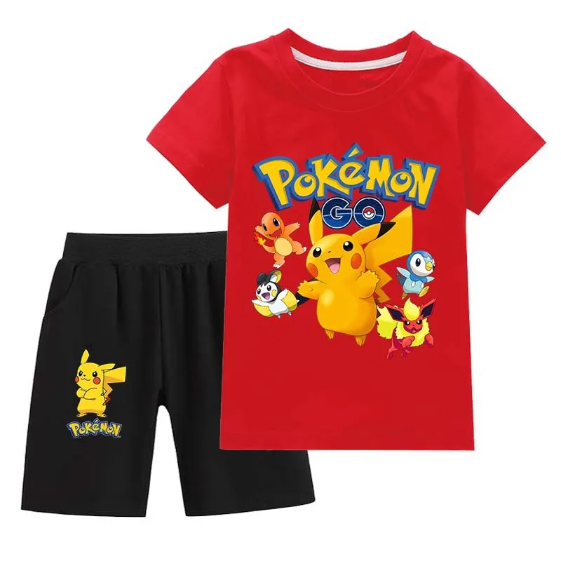 

Pokemon Summer Kids Clothes Kawaii Clothing Casual O-Neck Short-sleeved T-shirt + Short Pants Suit Clothes Set Kids Clothing