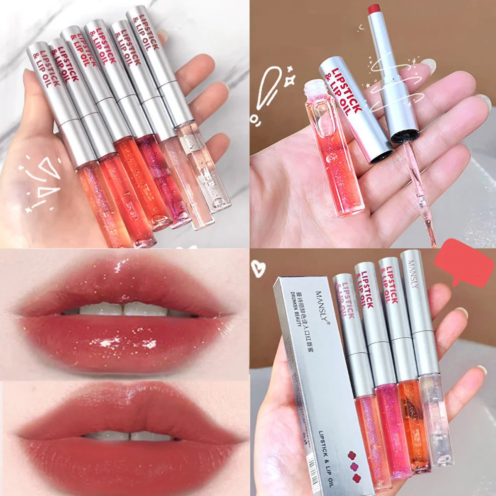 

2 IN 1 Mirror Lipstick Makeup Moisturizing Texture Lip Oil Set Waterproof Long Lasting Rich Color Silky Lip Glaze Lip Tint Gloss