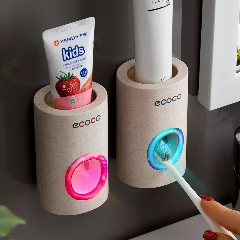 

2022Automatic Toothpaste Dispenser Wheat Wall Mounted Home Toothpaste Squeezer Dust-proof Toothbrush Holder Bathroom