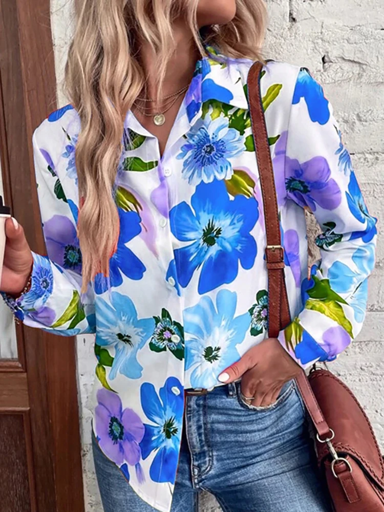 

Spring Autumn Turn Down Collar Button Tops Women Vintage Print Streetwear Casual Blouse Elegant Long Sleeve Female Shirt Blusa