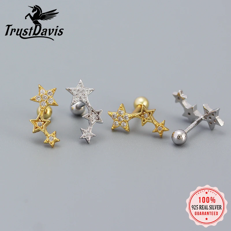 

TrustDavis Real 925 Sterling Silver Star Heart Moon Star Crown Shiny CZ Screw Stud Earrings For Women Party Fine Jewelry DG0121