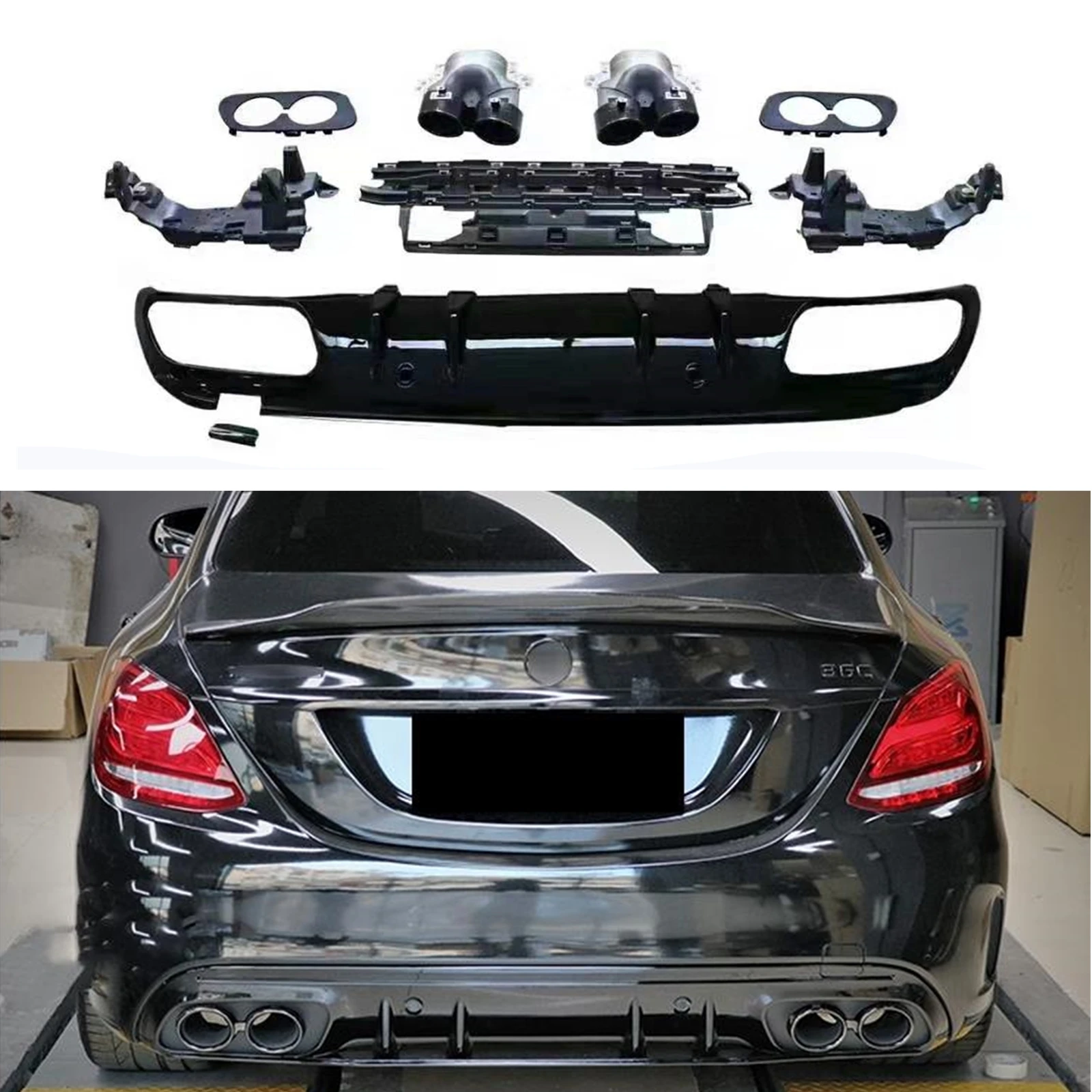 Rear Bumper Diffuser Lip Splitter & Exhaust Muffler Pipe For Mercedes Benz C Class W205 AMG Sedan C43 Style 2015-2020