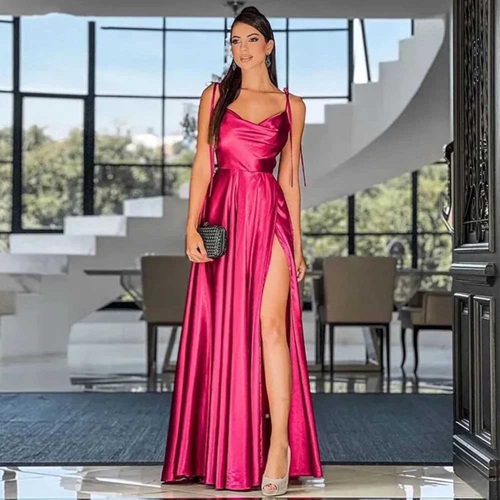 

Satin Slit Evening Dresses 2023 Off the Shoulder Pleat Adjustable Floor Length Formal Prom Dress Dubai Women Abiti Da Sera