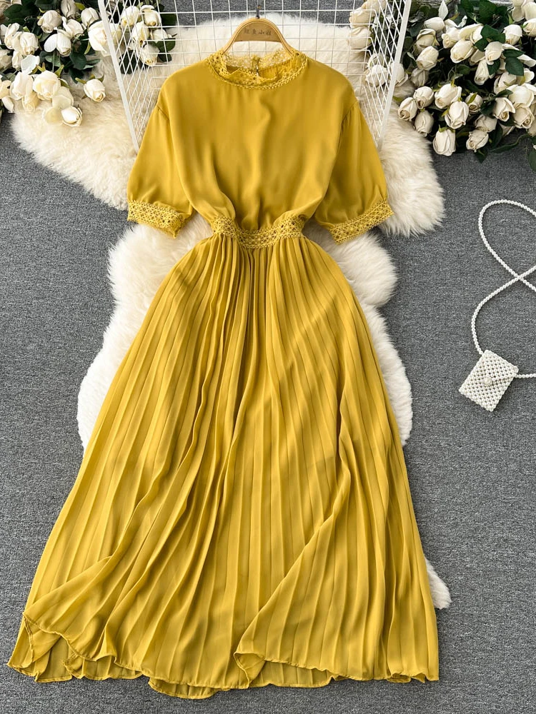 

Summer Vintage Women Pleated Long Dress Elegant Lace Patchwork O-Neck Short Sleeve Draped A-Line High Waist Party Vestidos New