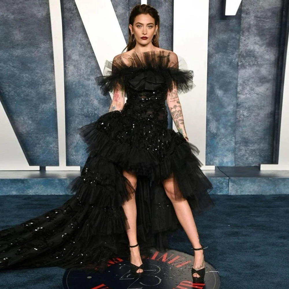 Бальное платье из черного тюля с открытыми плечами женская одежда высоким и