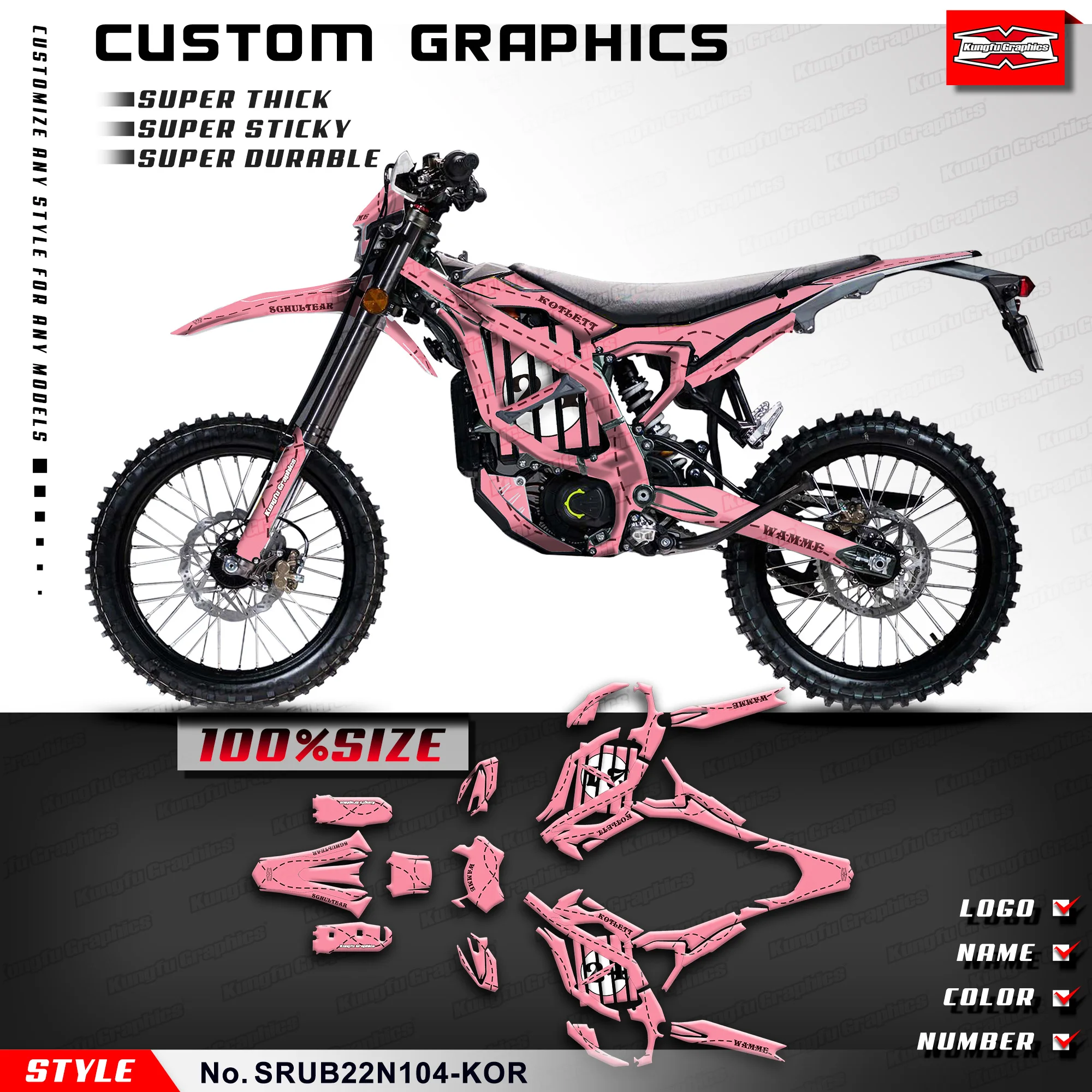 Фото Наклейки KUNGFU GRAPHICS MX, наклейки на мотоцикл Enduro для Ultra Bee R Dirt eBike, розовые, по индивидуальному заказу, SRUB22N104-KOR №1