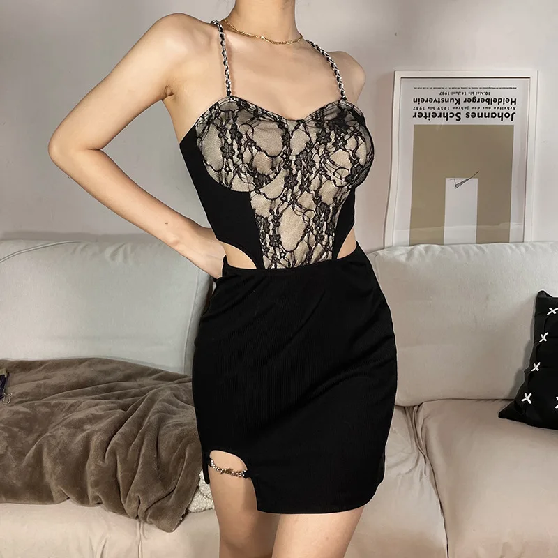 

Lace stitching hollow slim dresses for women party niche hot girl chain hip skirtvestidos