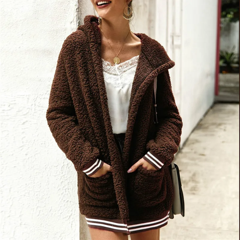 Women winter fall Warmth soft clothing Casual loose hooded coat overcoat autumn lady fashion solid long sleeves coats streetwear