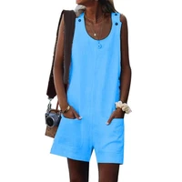 plus size summer lady solid color cotton linen sleeveless jumpsuit shorts romper