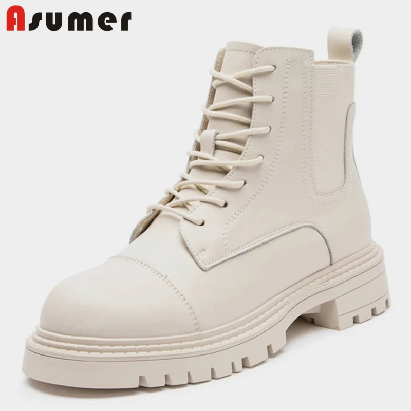 

ASUMER 2023 New Genuine Leather Boots Women Lace Up Autumn Winter Shoes Ankle Boots Fashion Chunky Ladies Shoes
