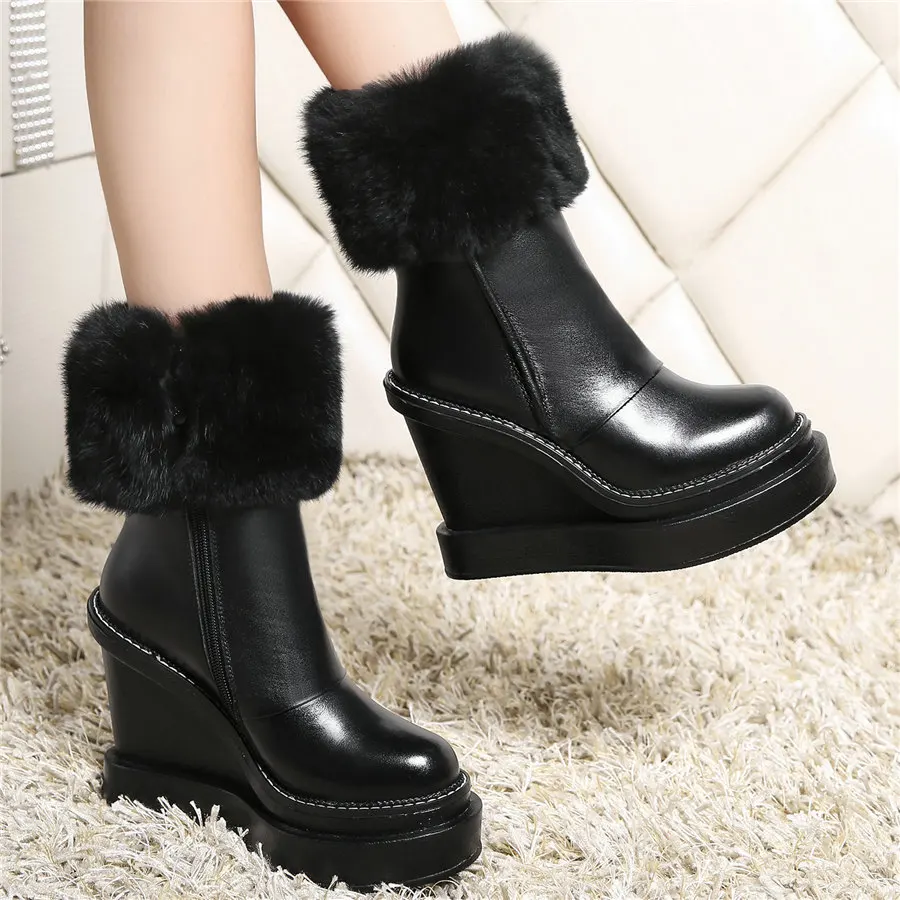 Warm Rabbit Fur Pumps Women Genuine Leather Wedges High Heel Snow Boots Female High Top Round Toe Fashion Sneakers Casual Shoes
