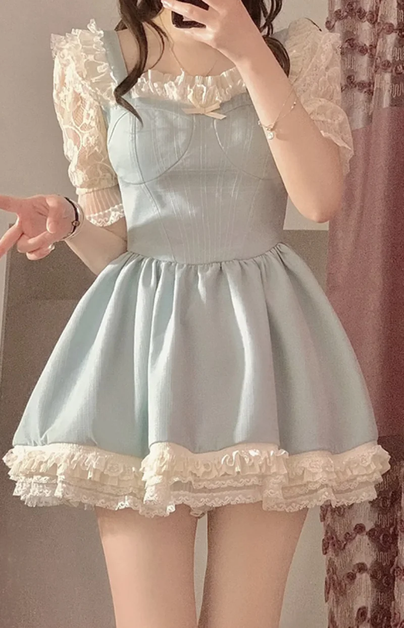 

Платье женское кружевное с коротким рукавом-фонариком, милое элегантное приталенное элегантное в стиле пэчворк, контрастных цветов, во французском стиле, на лето