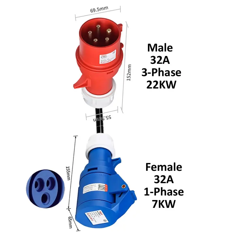 

Адаптер для зарядки электромобиля CEE Plug 16A/32A Red to Socket Blue 1-фазный 32A 7KW 16A 3.5KW Красный 3-фазный 16A 11KW 32A 22KW