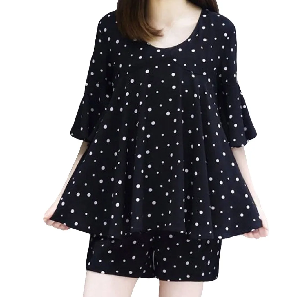 

Fashion Womens Short Sleeve Wave Point O-Neck Blouse Shorts Suit Striped Long Sleeve Woman Womens T Shirt