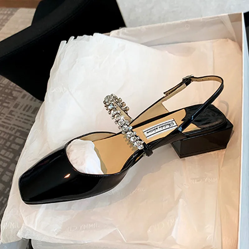 

Patent Leather Low Heels Women Sandals Buckle Mary Jane Shoes Crystal Woman Pumps Dress Shoes Sliver Wedding Shoes Spring