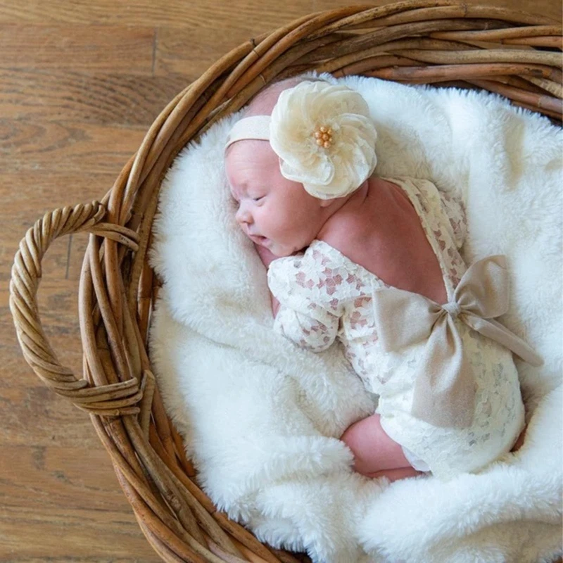 

2 Pcs Newborn Photography Props Outfits Baby Bowknot Lace Romper Flower Headband Set Infants Photo Shooting Bodysuit