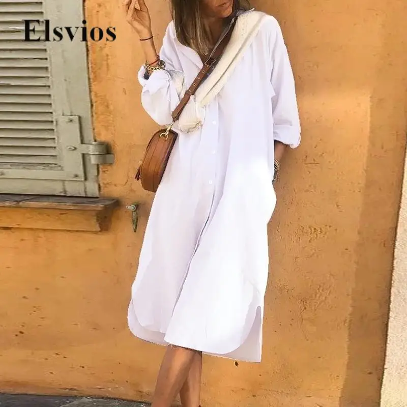 

Casual Female Single-breasted Loose Long Dress Spring Autumn Women Shirt Dress Fashion Long Sleeve Solid Slit Beach A-line Dress